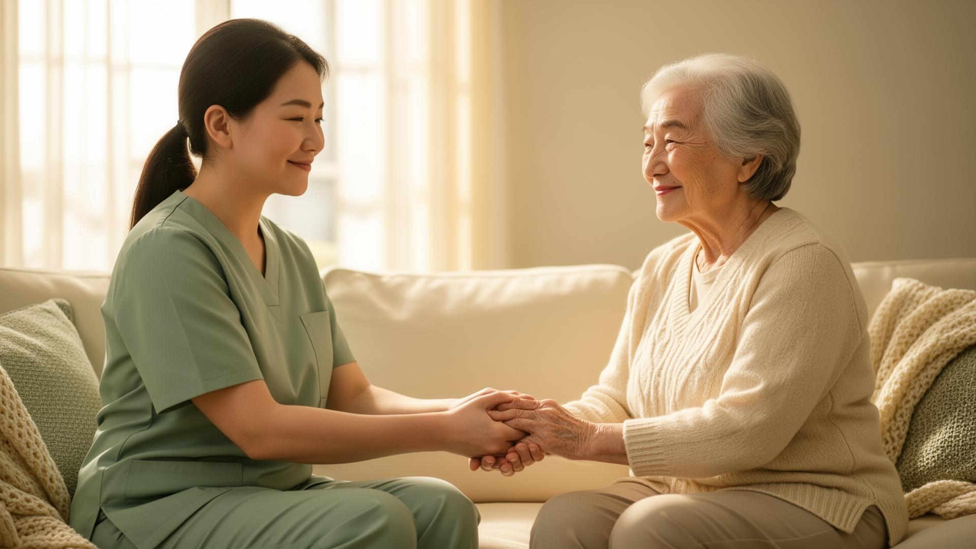 A caregiver gently holding an elderly woman's hands on a sunlit sofa